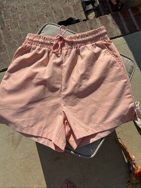 SHEIN Coral Pink Elastic-Waist Drawstring Athletic Shorts